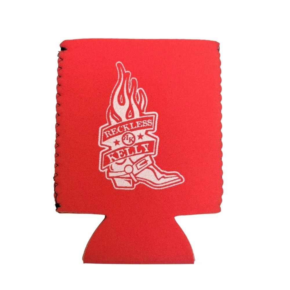 Reckless Kelly Can Cooler Koozie Pink Neoprene Merch Logo Flaming Cowboy Boot